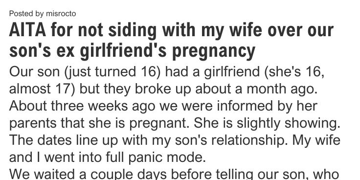 AITA for not siding with my wife over our son's ex girlfriend's pregnancy